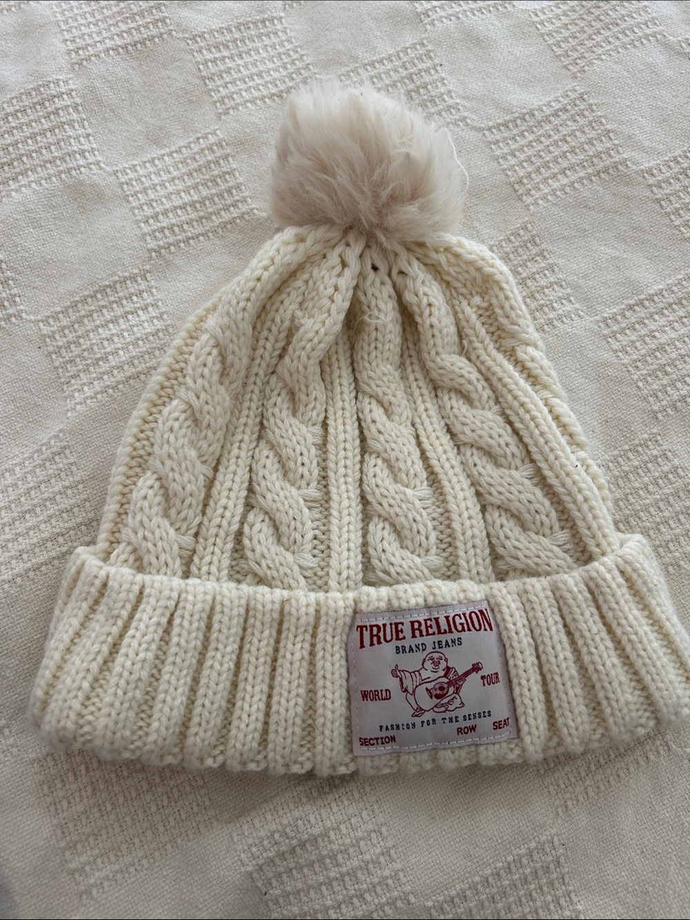 True Religion  Cream Cable-Knit Pom Beanie with Logo Patch